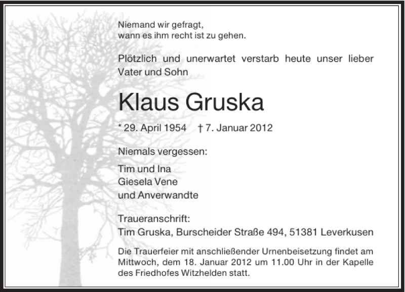  Traueranzeige für Gruska Klaus vom 14.01.2012 aus Rheinische Post