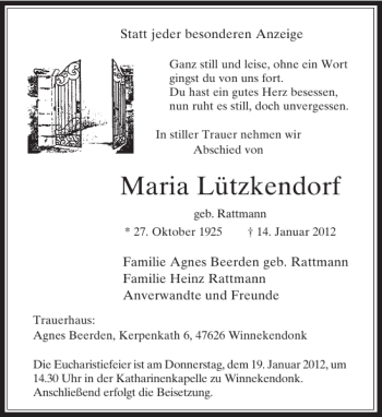 Traueranzeige von Maria Lützkendorf von Rheinische Post