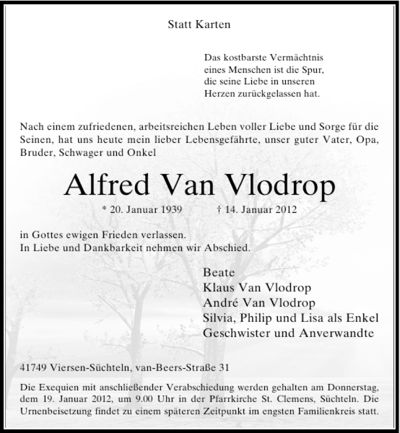  Traueranzeige für Alfred Van Vlodrop vom 17.01.2012 aus Rheinische Post