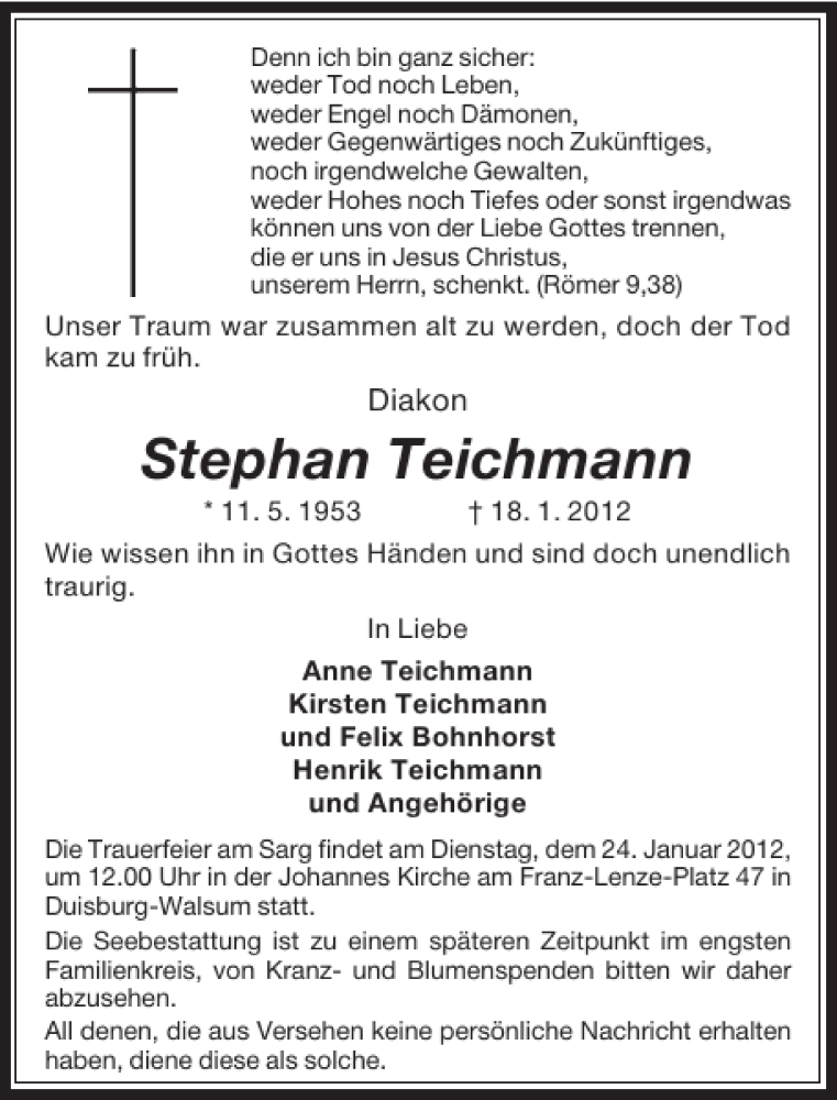  Traueranzeige für Stephan Teichmann vom 19.01.2012 aus Rheinische Post