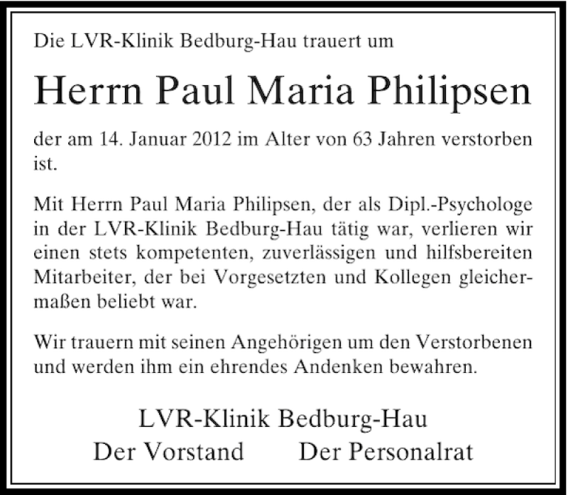  Traueranzeige für Paul Maria Philipsen vom 20.01.2012 aus Rheinische Post