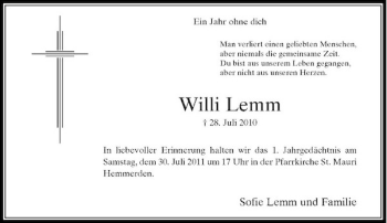 Traueranzeige von Willi Lemm von Rheinische Post