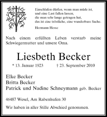 Traueranzeige von Liesbeth Becker von Rheinische Post