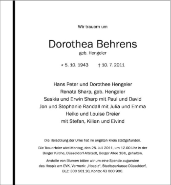 Traueranzeige von Dorothea Behrens von Rheinische Post
