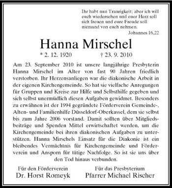 Traueranzeige von Hanna Mirschel von Rheinische Post