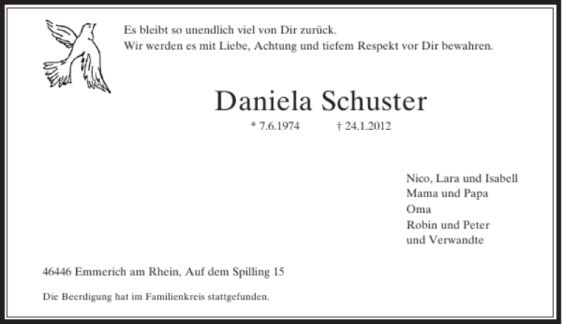  Traueranzeige für Daniela Schuster vom 31.01.2012 aus Rheinische Post