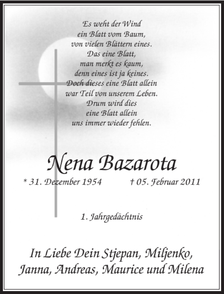  Traueranzeige für Nena Bazarota vom 04.02.2012 aus Rheinische Post