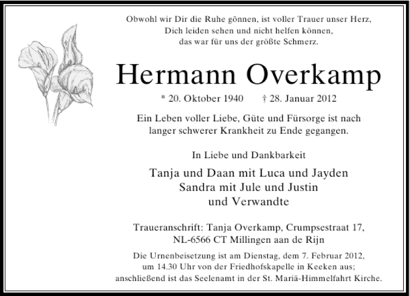  Traueranzeige für Hermann Overkamp vom 02.02.2012 aus Rheinische Post