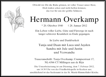 Traueranzeige von Hermann Overkamp von Rheinische Post