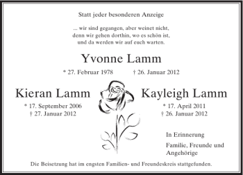 Traueranzeige von Yvonne Kieran und Kayleigh Lamm von Rheinische Post