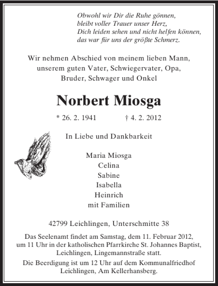  Traueranzeige für Norbert Miosga vom 07.02.2012 aus Rheinische Post