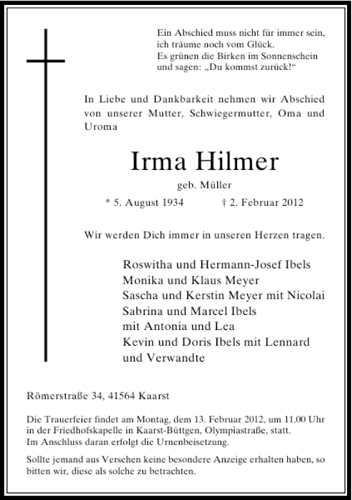  Traueranzeige für Irma Hilmer vom 08.02.2012 aus Rheinische Post