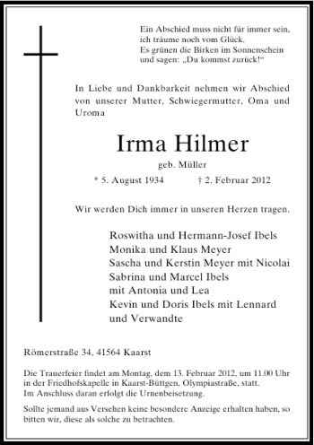 Traueranzeige von Irma Hilmer von Rheinische Post