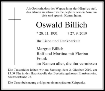 Traueranzeige von Oswald Billich von Rheinische Post