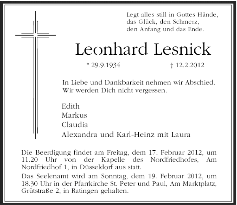  Traueranzeige für Leonhard Lesnick vom 15.02.2012 aus Rheinische Post