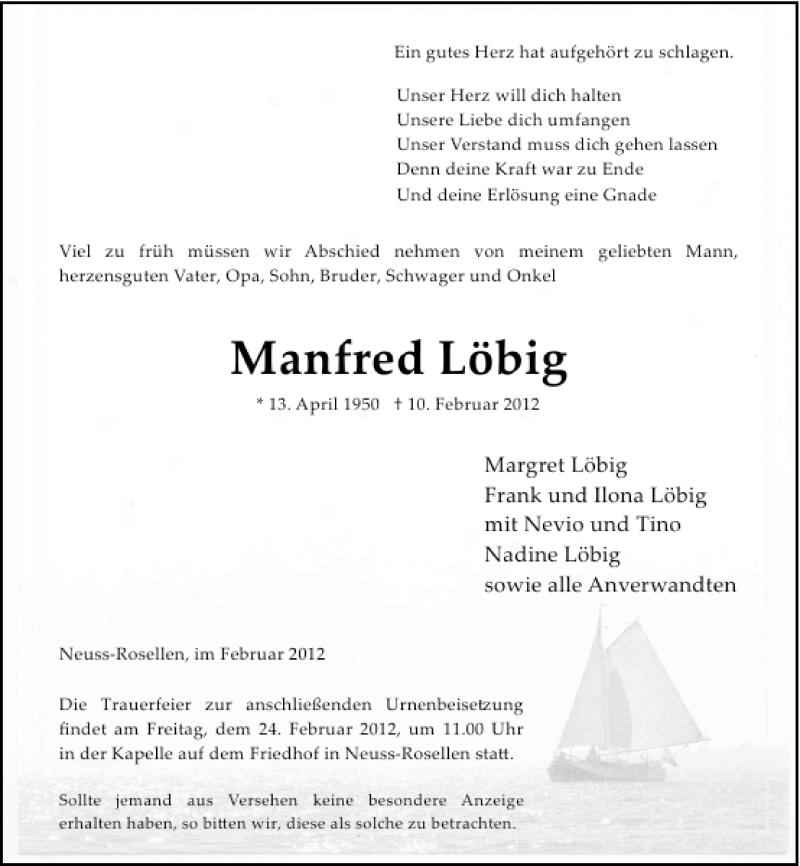  Traueranzeige für Manfred Löbig vom 18.02.2012 aus Rheinische Post