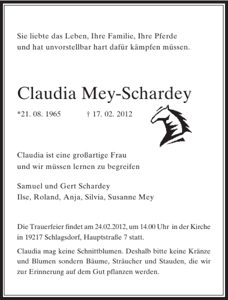  Traueranzeige für Claudia Mey-Schardey vom 21.02.2012 aus Rheinische Post