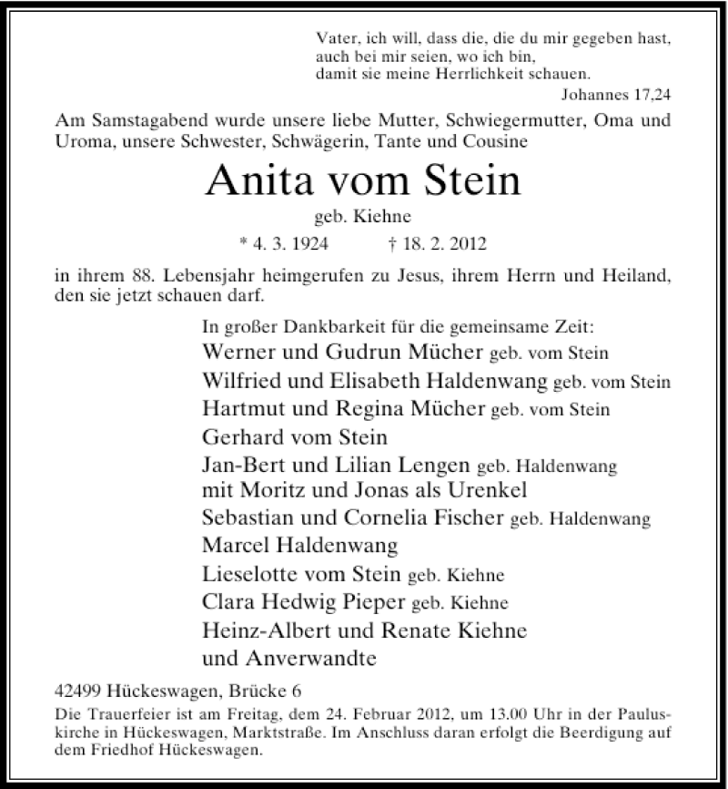  Traueranzeige für Anita vom Stein vom 22.02.2012 aus Rheinische Post