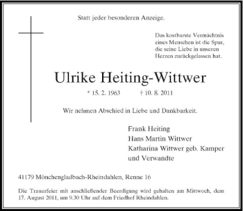 Traueranzeige von Ulrike Heiting-Wittwer von Rheinische Post