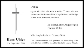 Traueranzeige von Hans Uhler von Rheinische Post