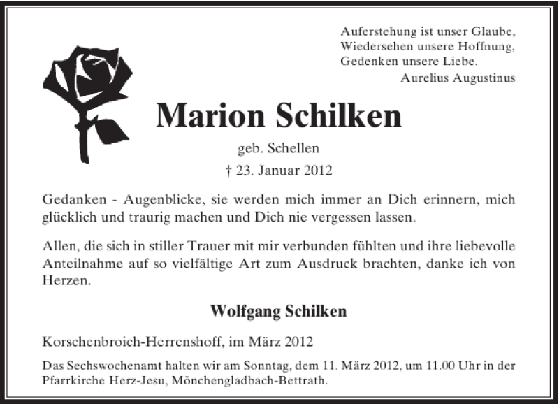  Traueranzeige für Marion Schilken vom 03.03.2012 aus Rheinische Post