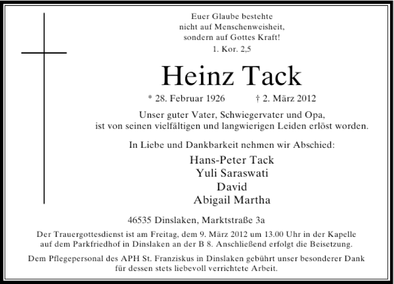 Alle Traueranzeigen für Heinz Tack | trauer.rp-online.de