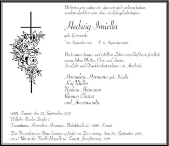 Traueranzeige von Hedwig Imiella von Rheinische Post