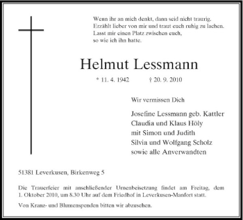 Traueranzeige von Helmut Lessmann von Rheinische Post