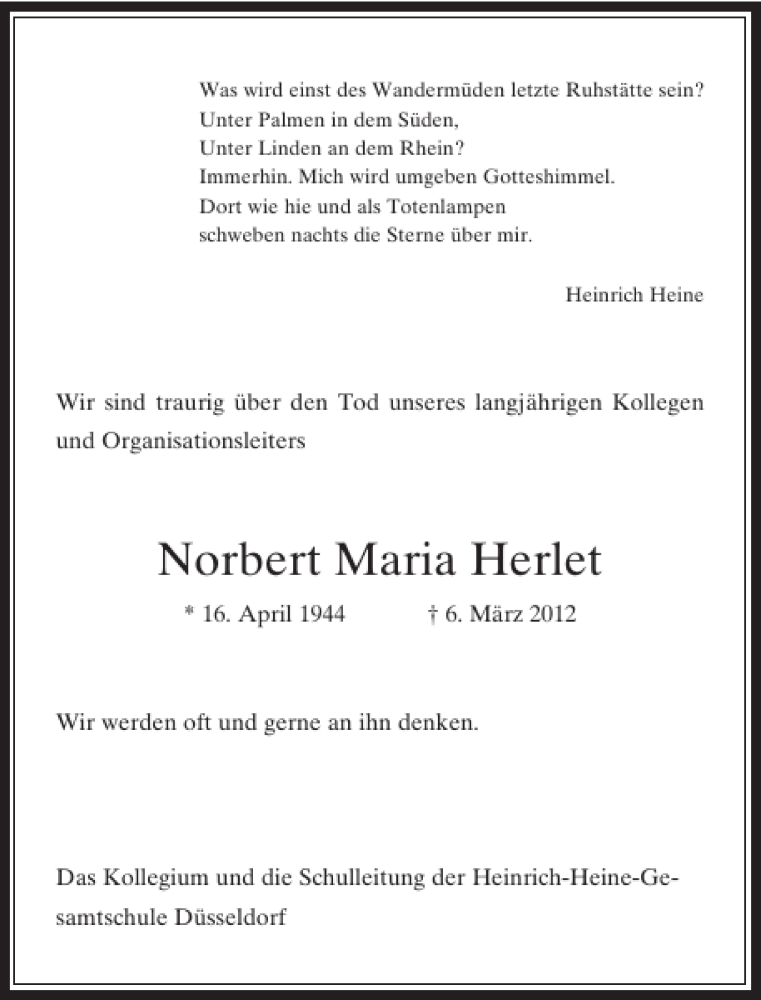  Traueranzeige für Norbert Maria Herlet vom 10.03.2012 aus Rheinische Post