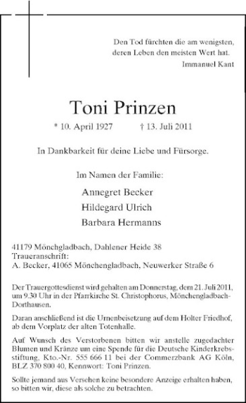 Traueranzeige von Toni Prinzen von Rheinische Post