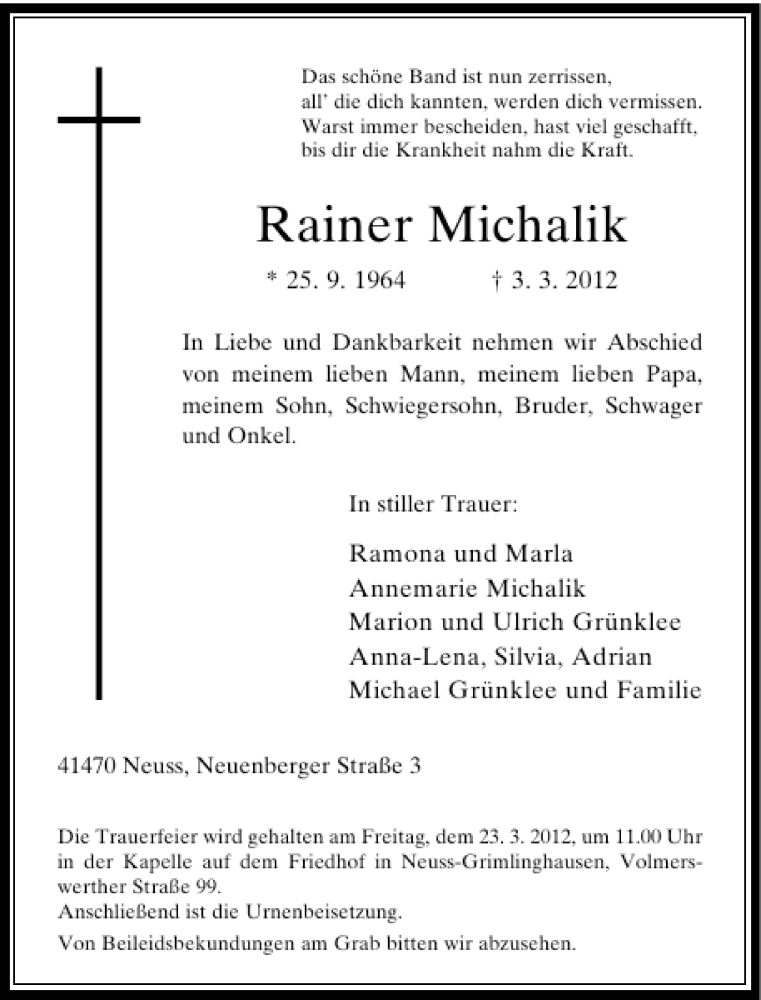  Traueranzeige für Rainer Michalik vom 15.03.2012 aus Rheinische Post