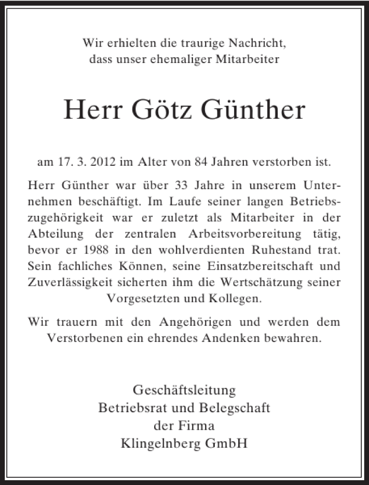  Traueranzeige für Götz Günther vom 22.03.2012 aus Rheinische Post