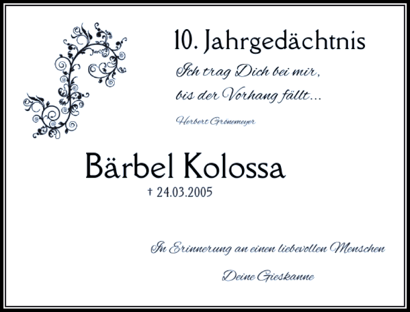  Traueranzeige für Kolossa Bärbel vom 24.03.2012 aus Rheinische Post