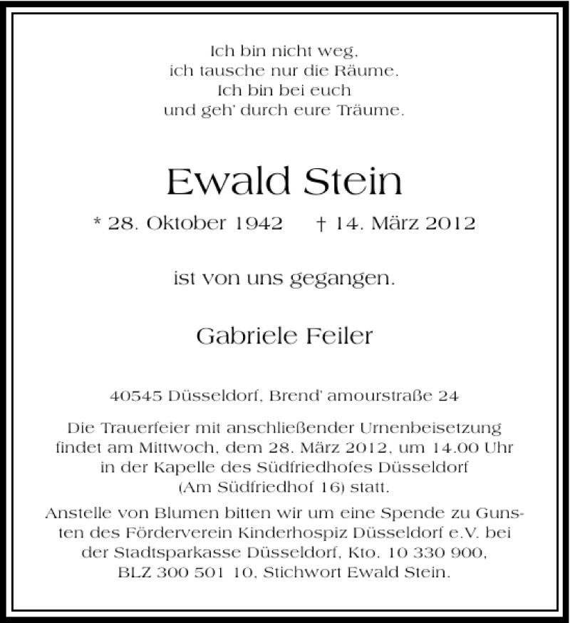  Traueranzeige für Ewald Stein vom 24.03.2012 aus Rheinische Post