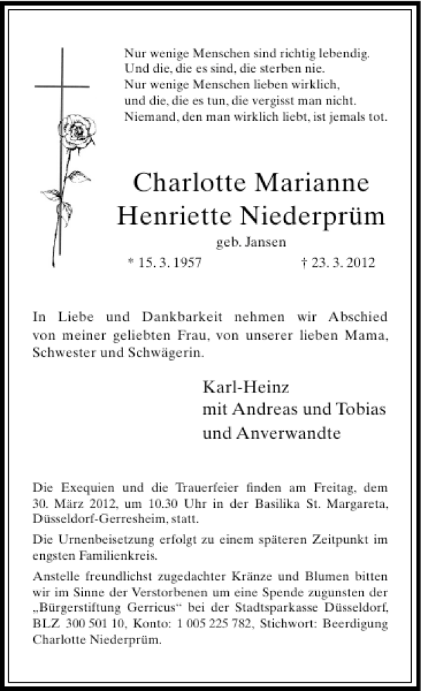  Traueranzeige für Charlotte Marianne Henriette Niederprüm vom 28.03.2012 aus Rheinische Post