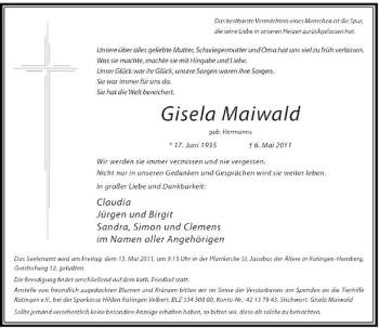 Traueranzeige von Gisela Maiwald von Rheinische Post