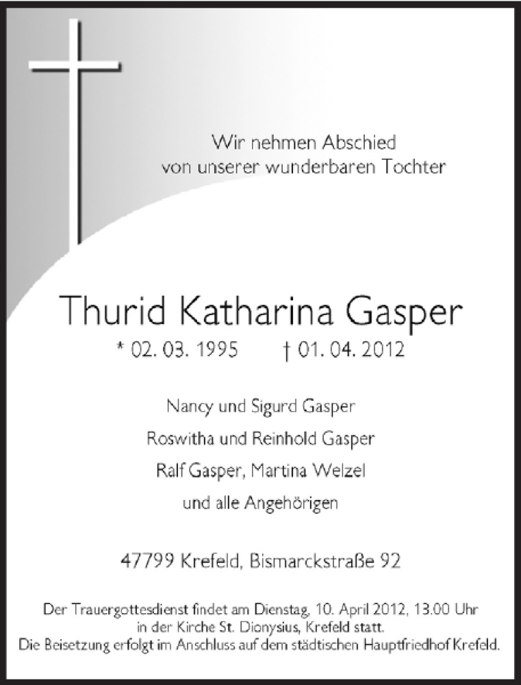  Traueranzeige für Katharina Gasper Thurid vom 05.04.2012 aus Rheinische Post