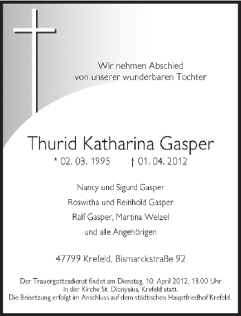 Traueranzeige von Katharina Gasper Thurid von Rheinische Post