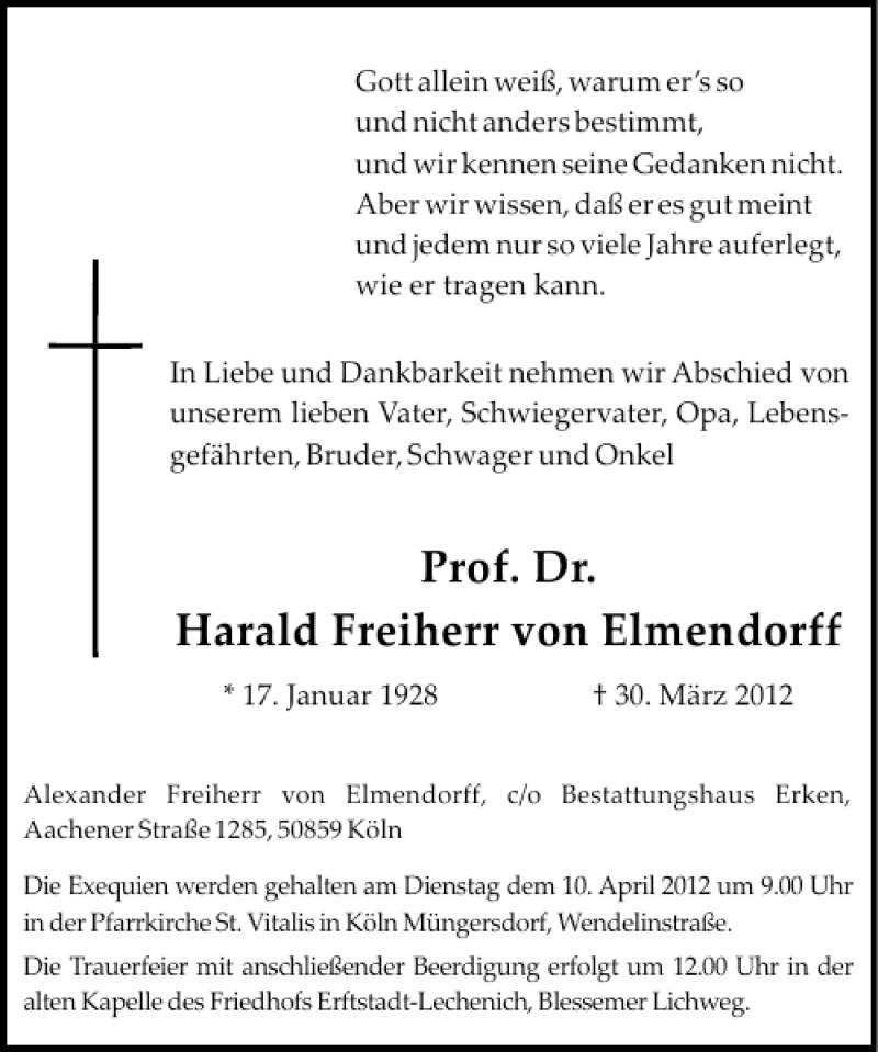 Traueranzeige für Prof. Dr. Harald Freiherr von Elmendorff vom 07.04.2012 aus Rheinische Post