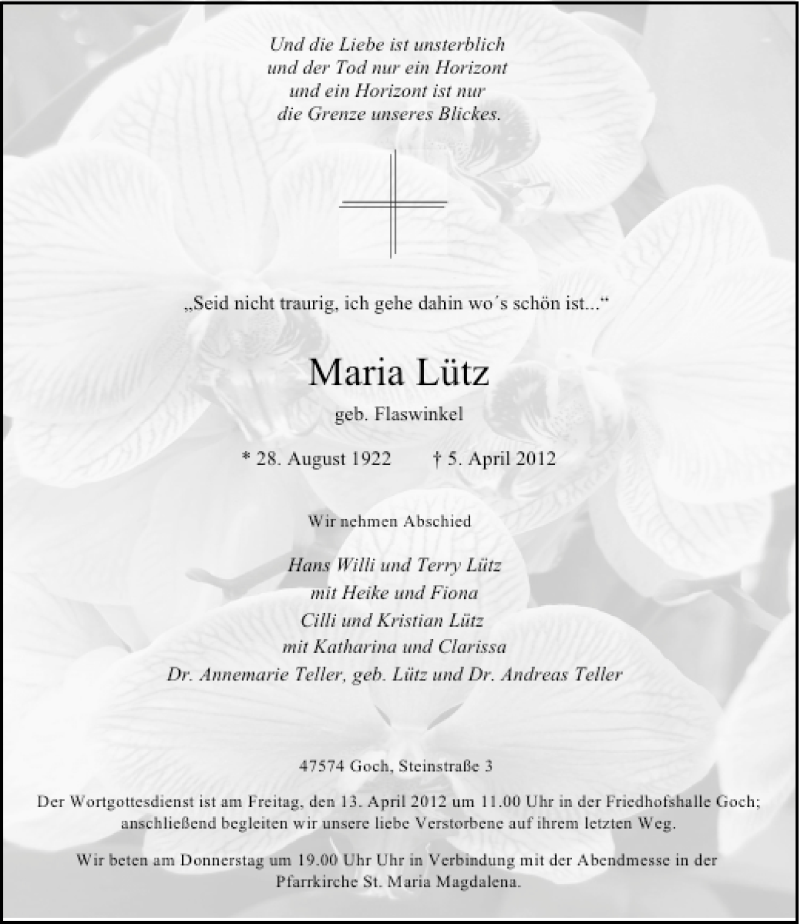  Traueranzeige für Maria Lütz vom 10.04.2012 aus Rheinische Post