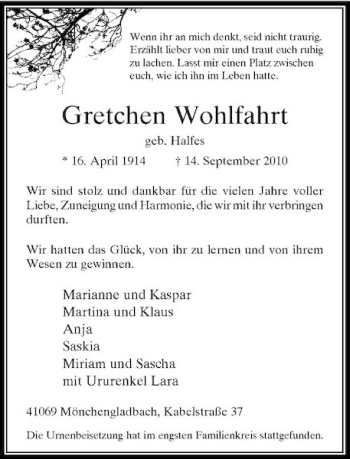Traueranzeige von Gretchen Wohlfahrt von Rheinische Post