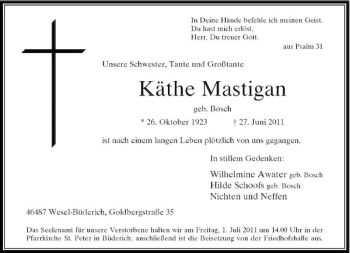 Traueranzeige von Käthe Mastigan von Rheinische Post