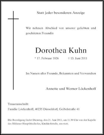 Traueranzeige von Dorothea Kuhn von Rheinische Post
