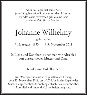 Traueranzeige von Johanne Wilhelmy von Rheinische Post