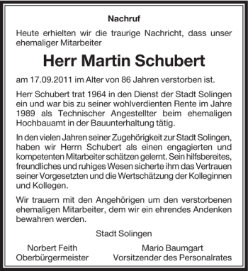 Traueranzeige von Schubert Martin von Rheinische Post