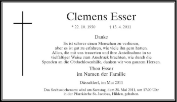 Traueranzeige von Clemens Esser von Rheinische Post