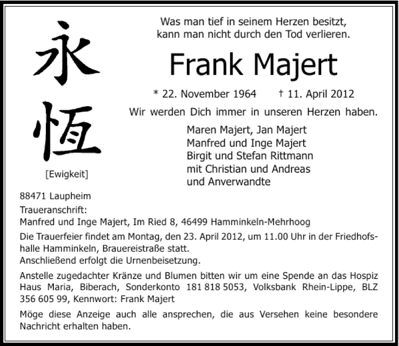  Traueranzeige für Frank Majert vom 19.04.2012 aus Rheinische Post