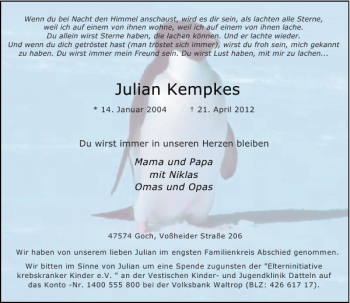 Traueranzeige von Julian Kempkes von Rheinische Post