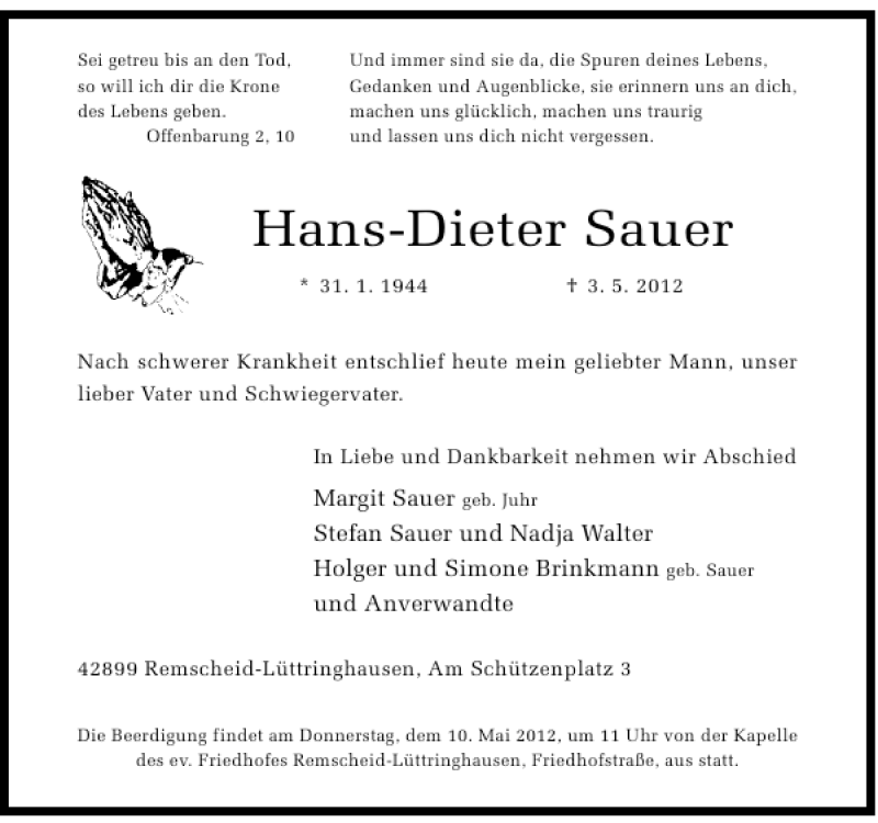  Traueranzeige für Hans-Dieter Sauer vom 05.05.2012 aus Rheinische Post