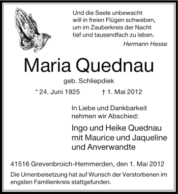 Traueranzeige von Maria Quednau von Rheinische Post